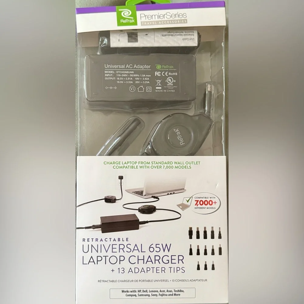 ReTrak Retractable Universal 65W Laptop Charger + 13 Adaptor Tips